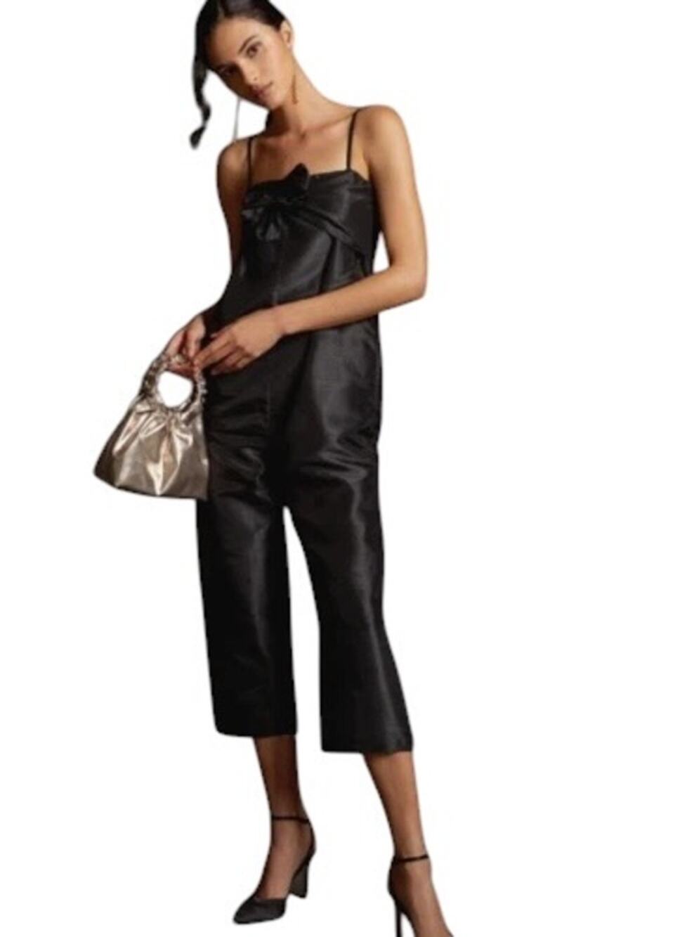 NWT Anthropologie Hutch Black Satin Jumpsuit Tie Front Crop Small